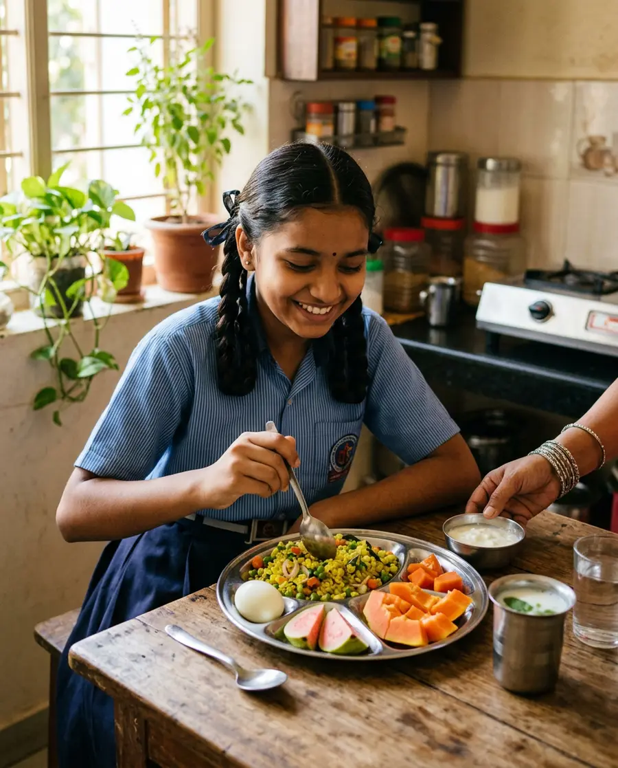 A smiling teenage girl in school uniform eating poha, egg and fruit for breakfast at home