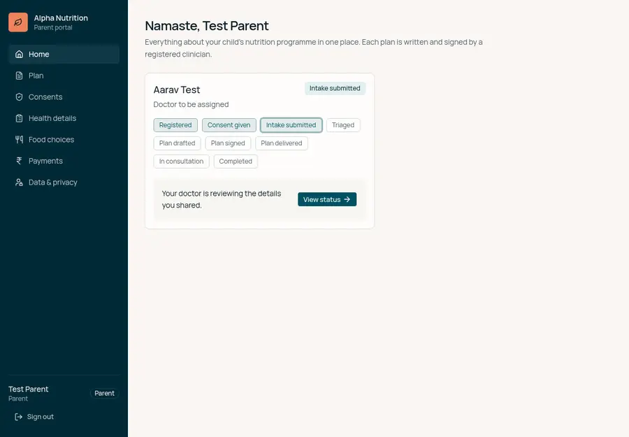 Parent portal home with plan status and requests