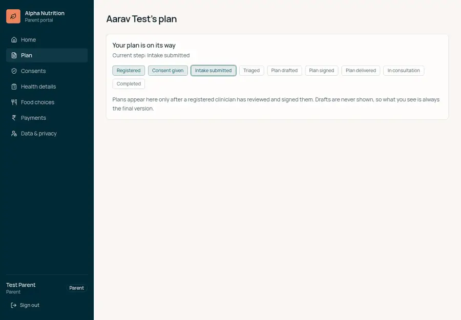 Parent screen showing the signed meal plan